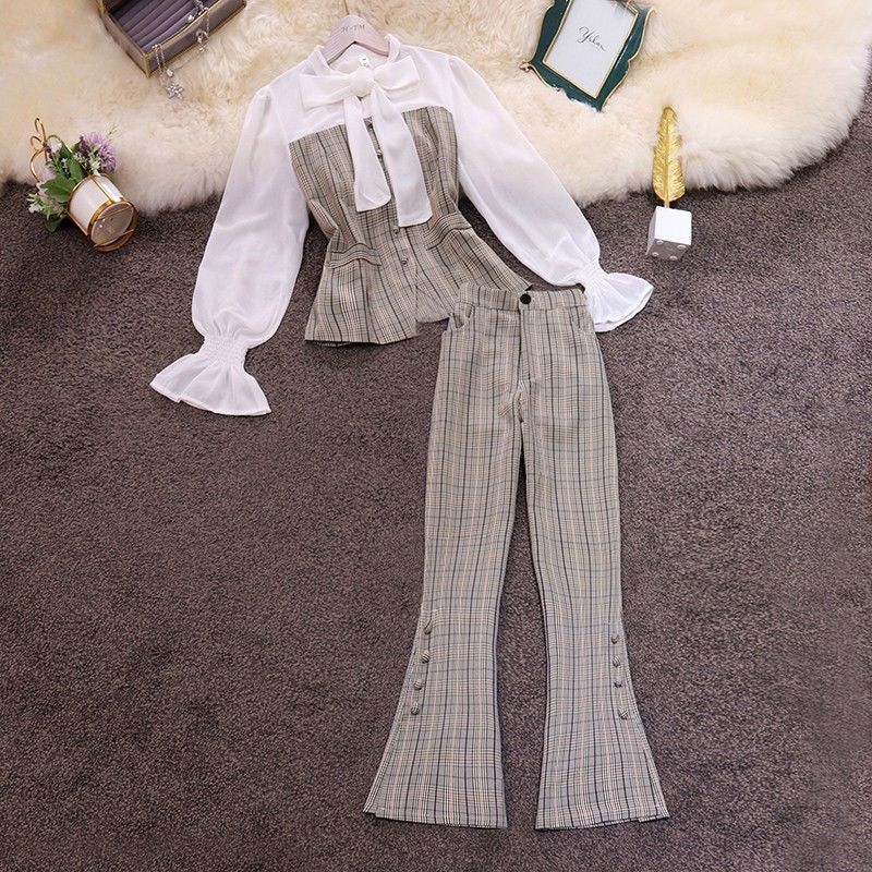 Splicing Plaid Top High Waist Casual Pants Two-piece Trendy