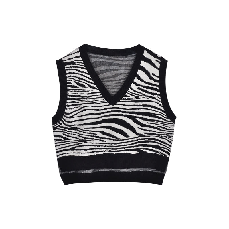 Zebra print V-neck loose-fitting sweater vest