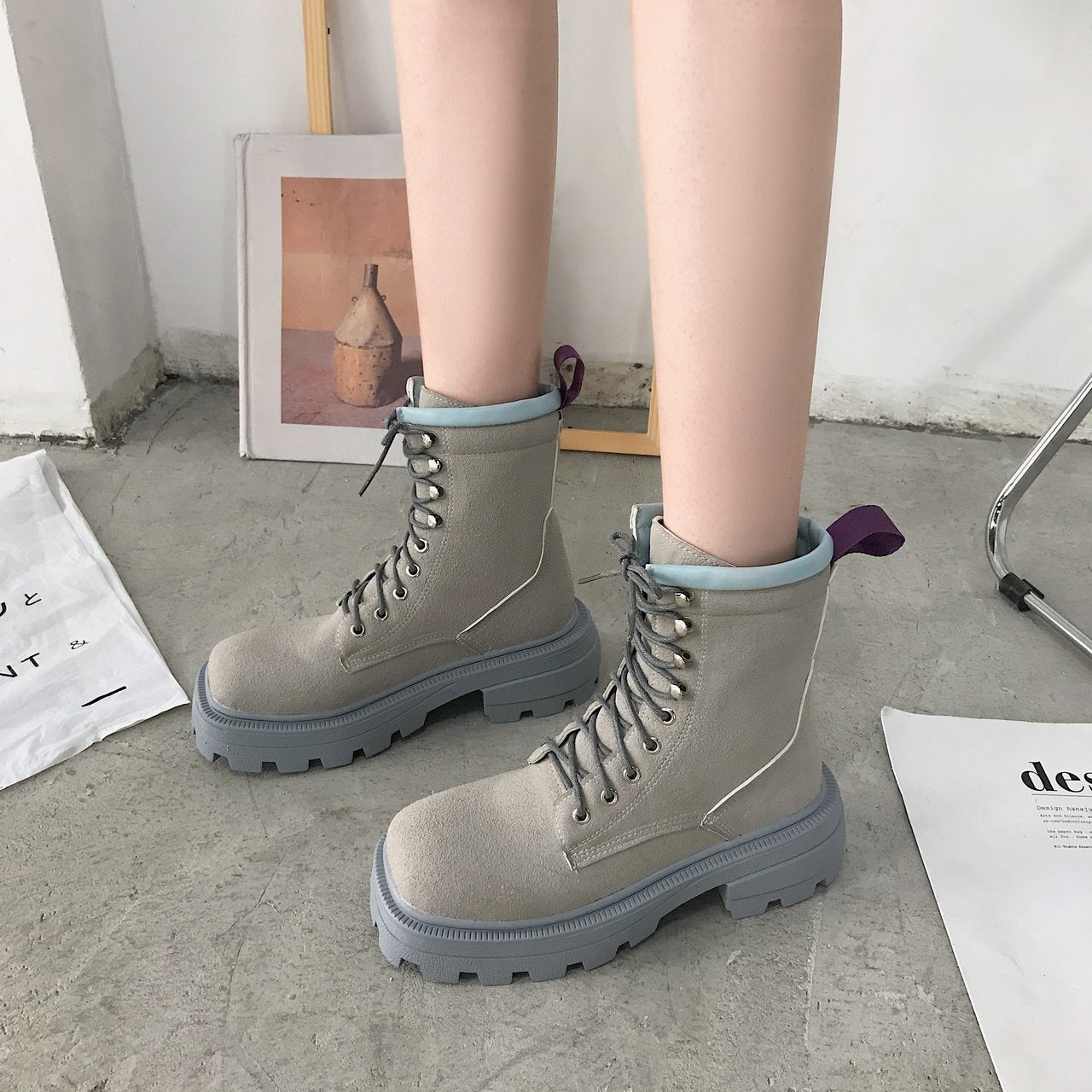 Square toe platform mid-heel lace-up fashion boots