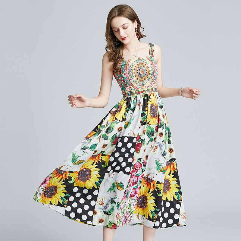 Holiday Skirt Suspender Skirt Bottoming 2021 Spring And Summer Women's Retro Sunflower Polka Dot Print Sleeveless Dress