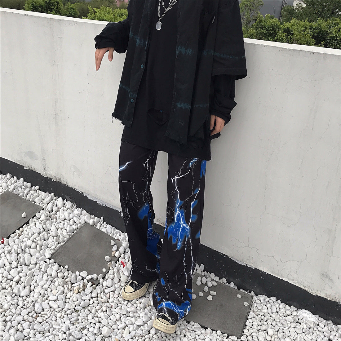 Female Harajuku Style High Street Dark Black Retro Lightning Print Loose