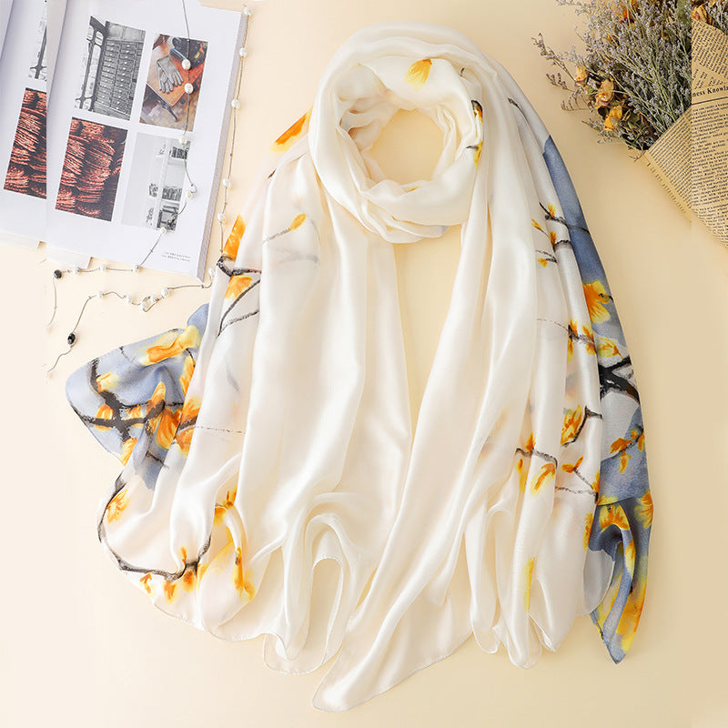 Scarf Ladies Versatile Ginkgo Leaf Long Sunscreen Silk Scarf Dual-Use Warm Shawl