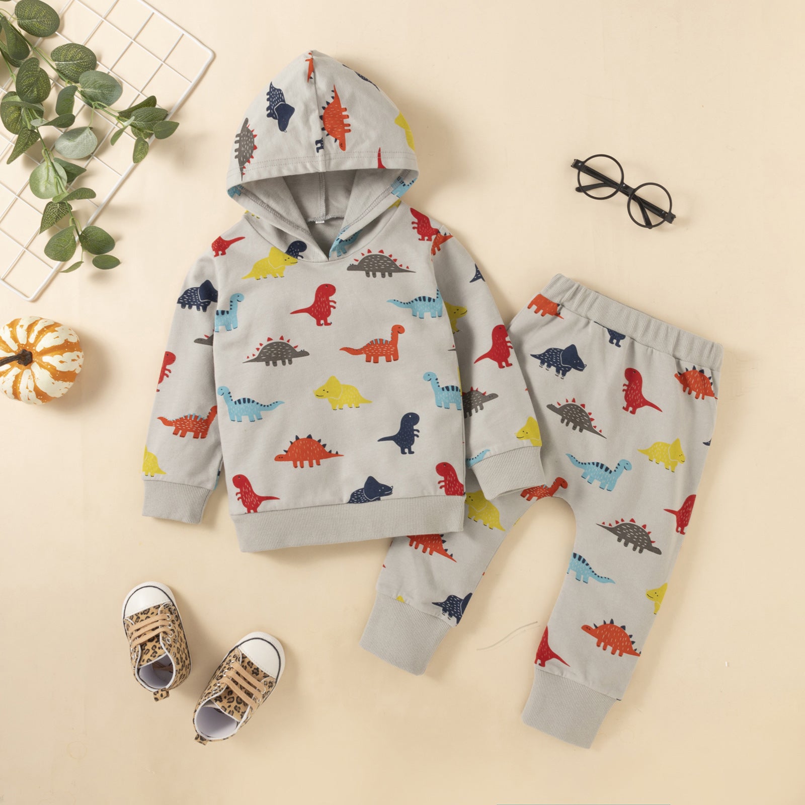 Autumn And Winter Dinosaur Print Long-sleeved Trousers And Hooded Sweater Set