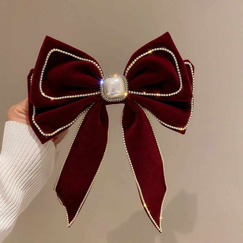 Velvet Diamond Pearl Bow Hairpin Korean Fashion