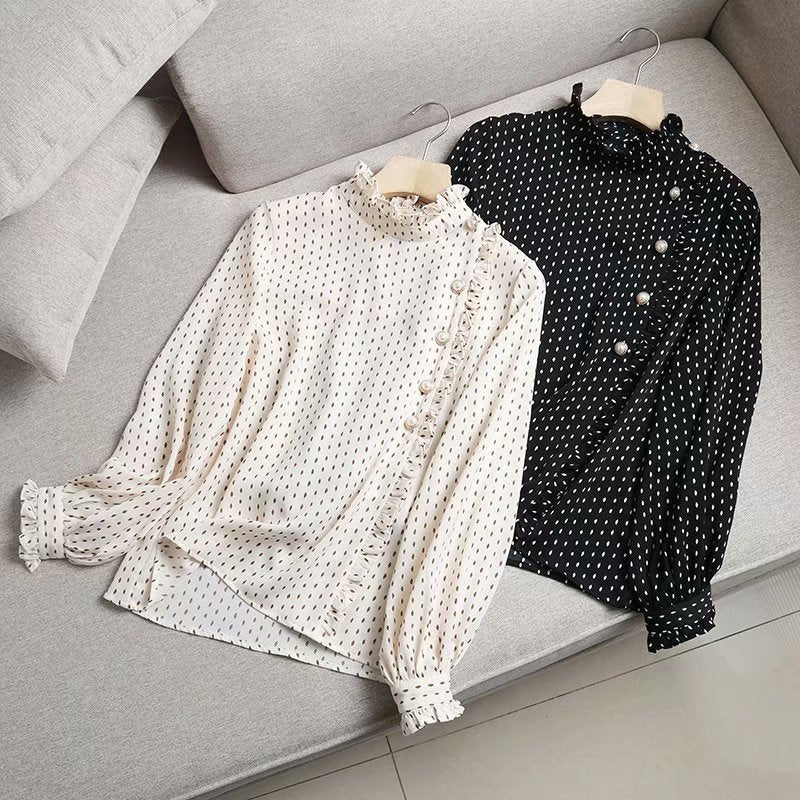 Stand-Up Collar Chiffon Pullover Polka Dot Print Long Sleeves With Wood Ears