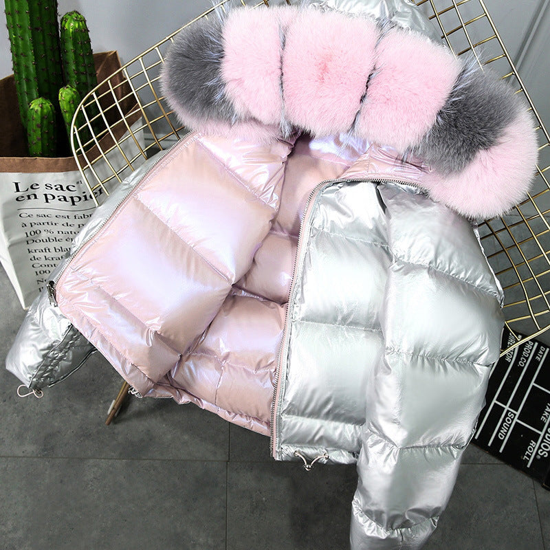 Winter Big Fur Collar Double-sided Wear Net Red Shiny Silver  Jacket Female Fox Fur Down Jacket