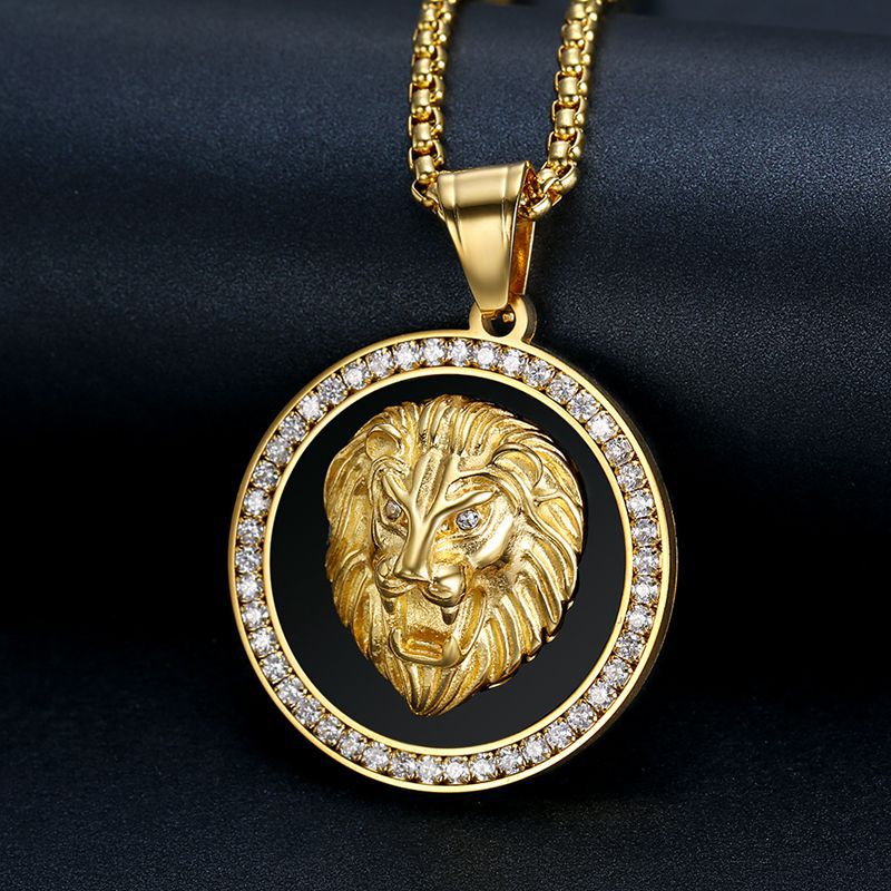 Titanium-steel Gold-plated Micro-inlaid Zircon Lion Head Pendant Necklace