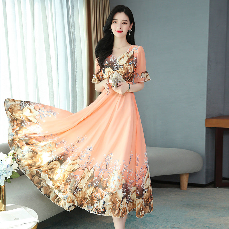 Short-sleeved Waist Mid-length Over-the-knee Beach Chiffon Dress