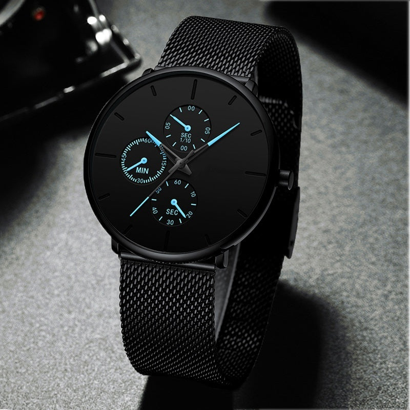 Foreign Trade Hot Sale Men's Alloy Mesh Strap Watch Fake Three-eye Three-needle