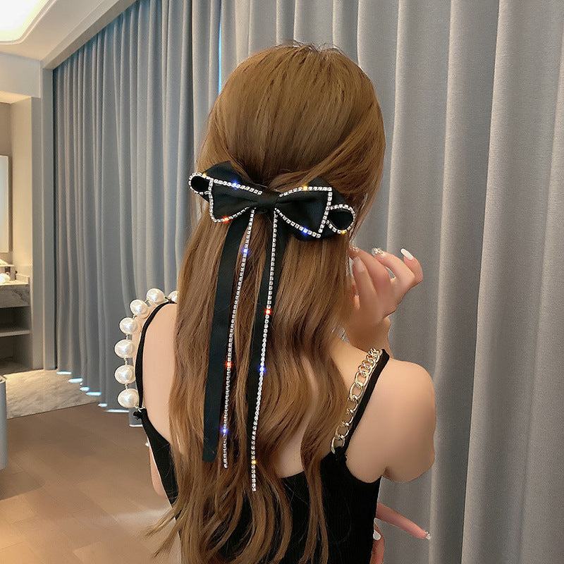 Bow Rhinestone Headband Tassel Hair Clip Black