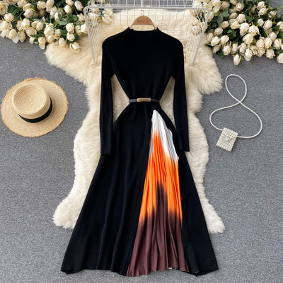 French Hepburn style elegant knit stitching gradient color pleated slim waist big swing dress female autumn new