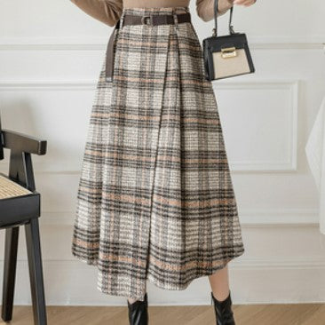 Fashion plaid irregular woolen skirt female autumn and winter new style Korean version of the high-waisted thin umbrella skirt large-length skirt