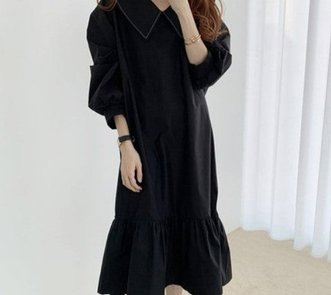 Korea chic autumn niche retro open-line navy collar loose cover meat was thin and long lantern sleeve dress female