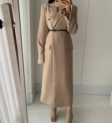 Chai Yujia chic autumn French elegant lapel double pockets thin knee-length suit windbreaker jacket with belt