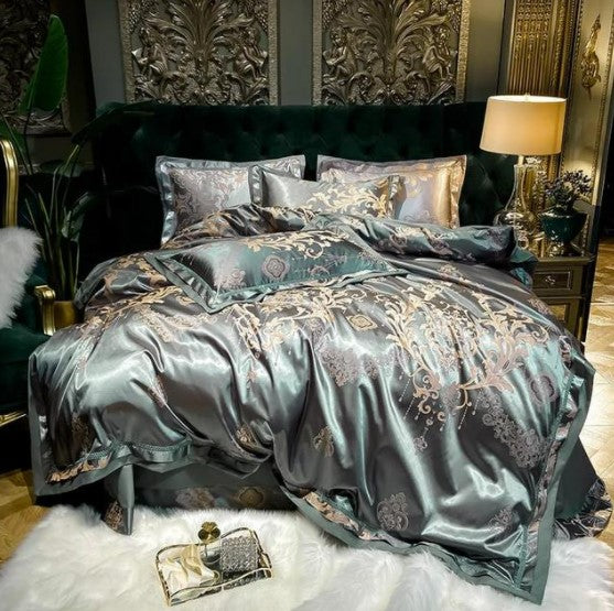 Silver Grey Luxury Satin Jacquard Cotton Duvet Cover Queen King 4Pcs Silky Bedding Set 1 Duvet Cover 1 Bed Sheet 2 Pillowcases
