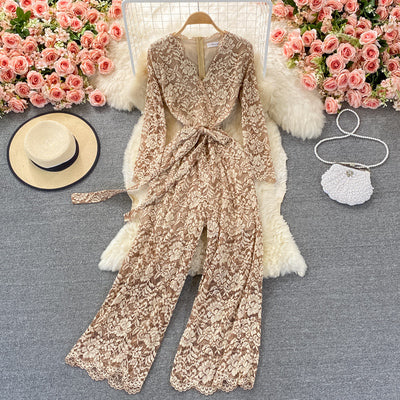 Fall 2021 new Korean version of high-end light luxury lace jumpsuit V-neck lace-up waist and thin wide-leg jumpsuit