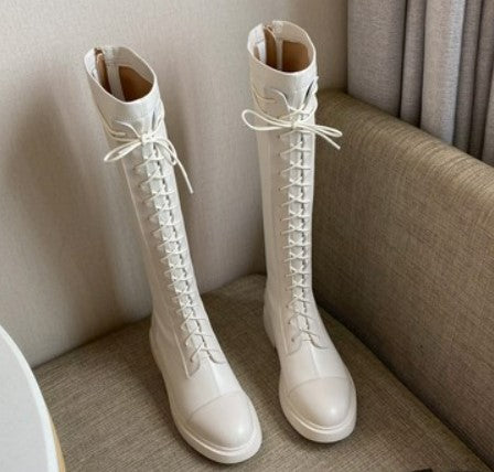 Knight boots women 2021 new leather lace-up Martin boots white skinny stretch boots high boots but knee boots