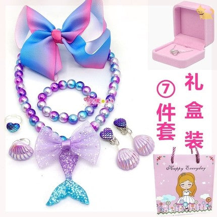 Children's Necklace Bracelet Ring Set Mermaid Shell Girl Headdress Hair Clip Ear Clip Jewelry Princess Girl Earring