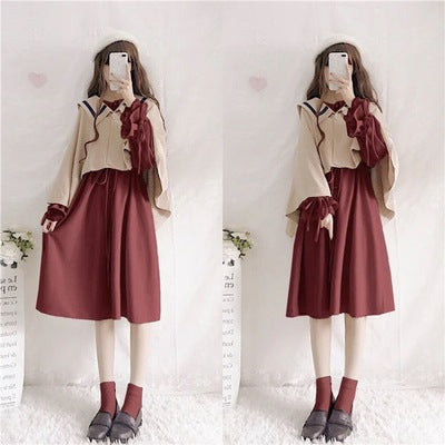 Single/2021 autumn Japanese suit skirt female student doll collar long cloak shawl two-piece trend
