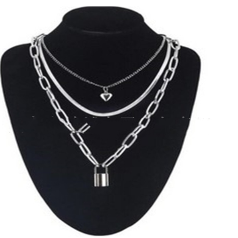 Punk Hip-hop Multi-layer Metal Chain Can  Peach Heart Lock Necklace Sweater Chain