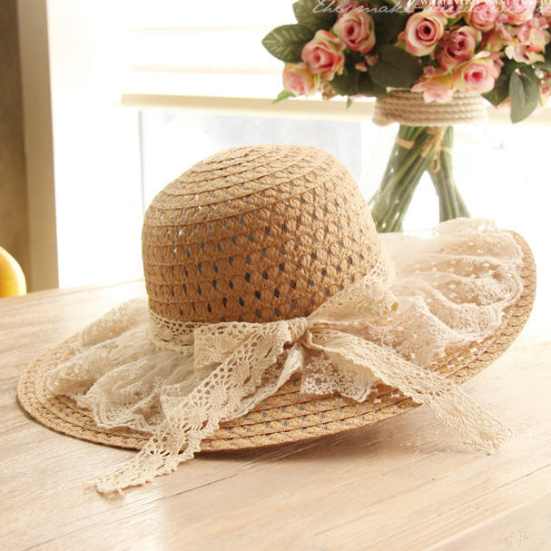 Stylish lace bow straw hat