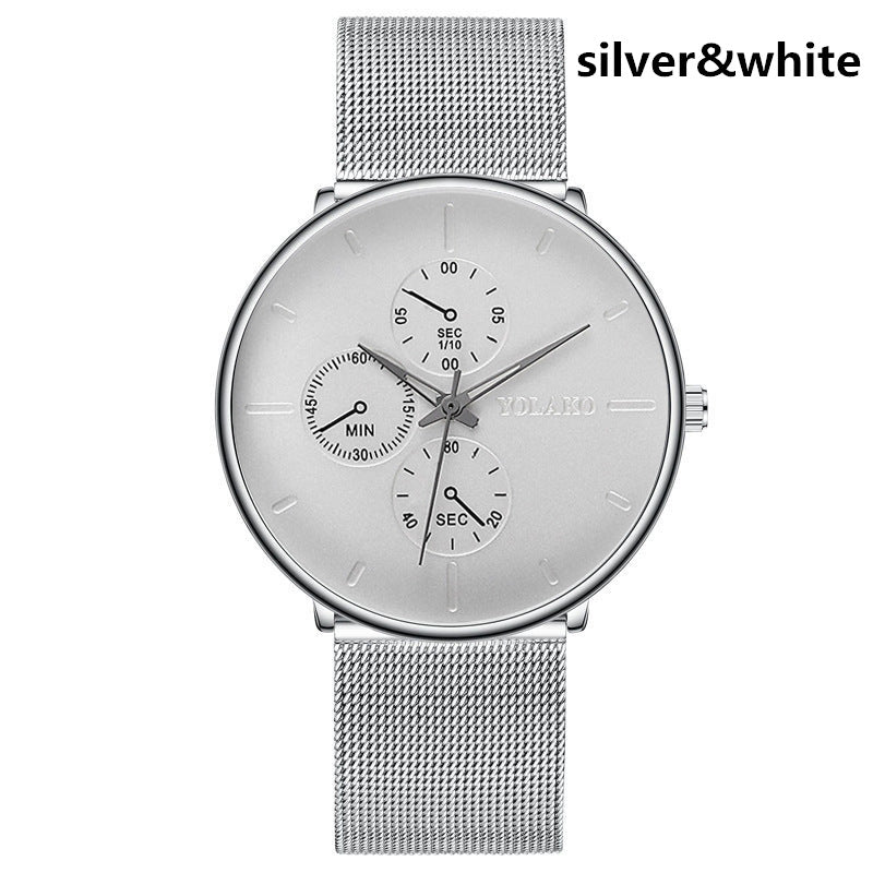 Foreign Trade Hot Sale Men's Alloy Mesh Strap Watch Fake Three-eye Three-needle