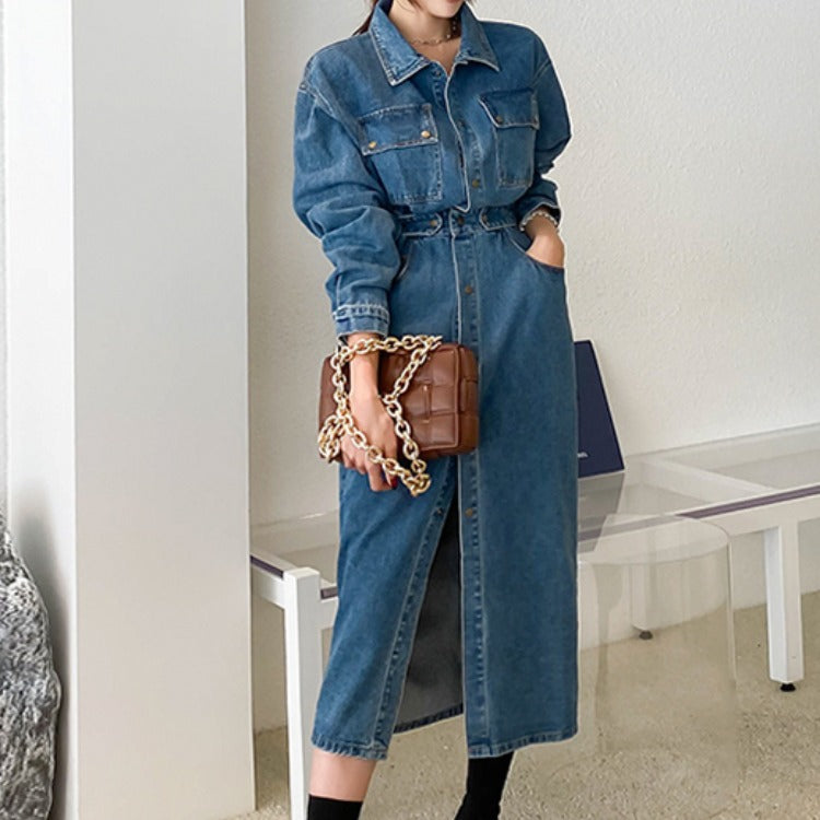 Korean style slim denim dress female waist single breasted