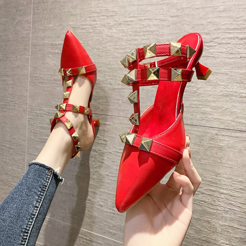 Fashion Lady's Rivet Pointed Toe Stiletto Sandals