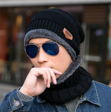 Autumn and winter men's knitted wool hat plus velvet thickening head [hat + bib] two-piece suit