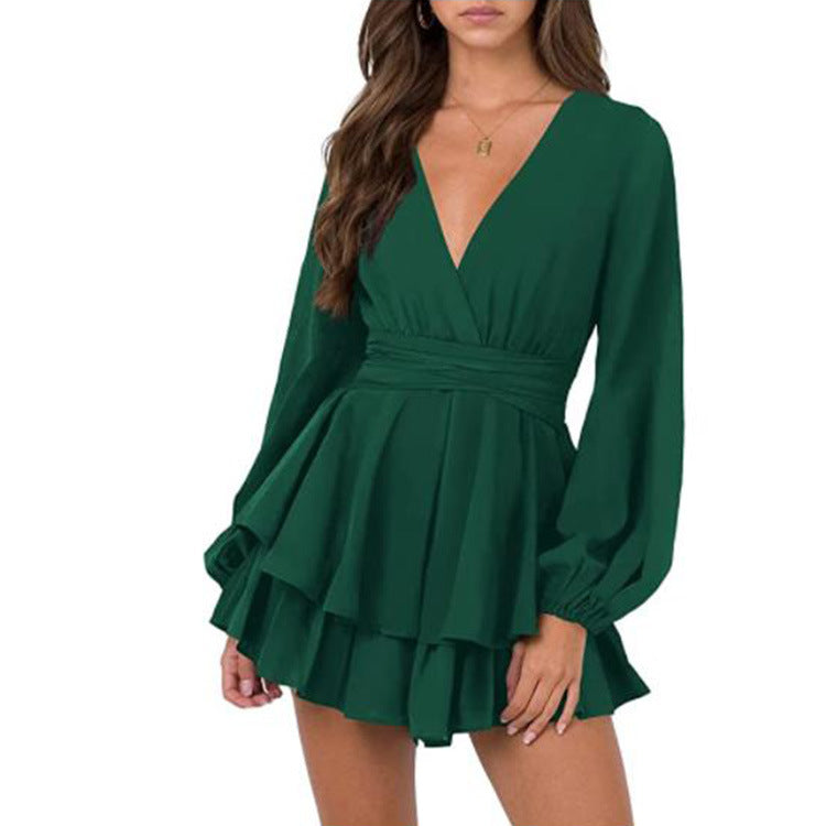 Women's Solid V-Neck Long Sleeve Belt Ruffle Hem Dress