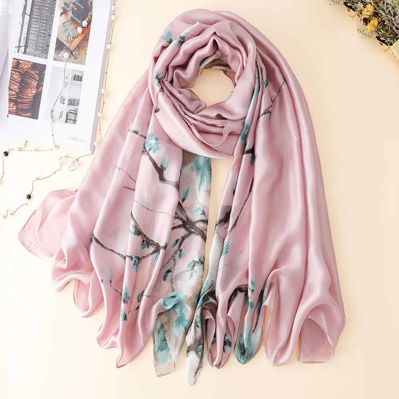 Scarf Ladies Versatile Ginkgo Leaf Long Sunscreen Silk Scarf Dual-Use Warm Shawl