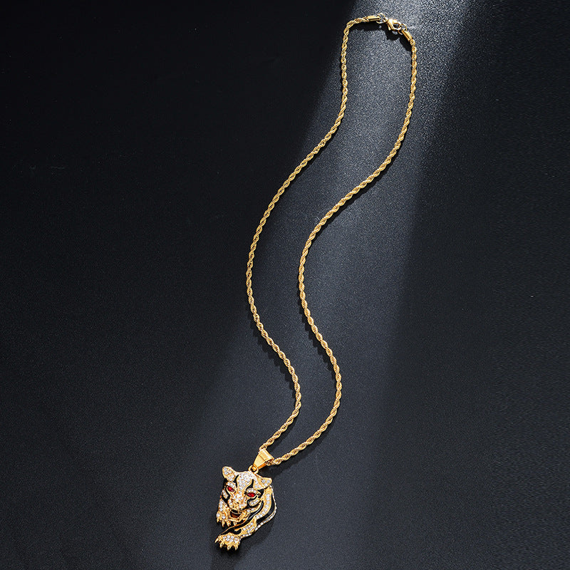 Gold-plated Oil Drop Rhinestone Leopard Head Pendant Necklace