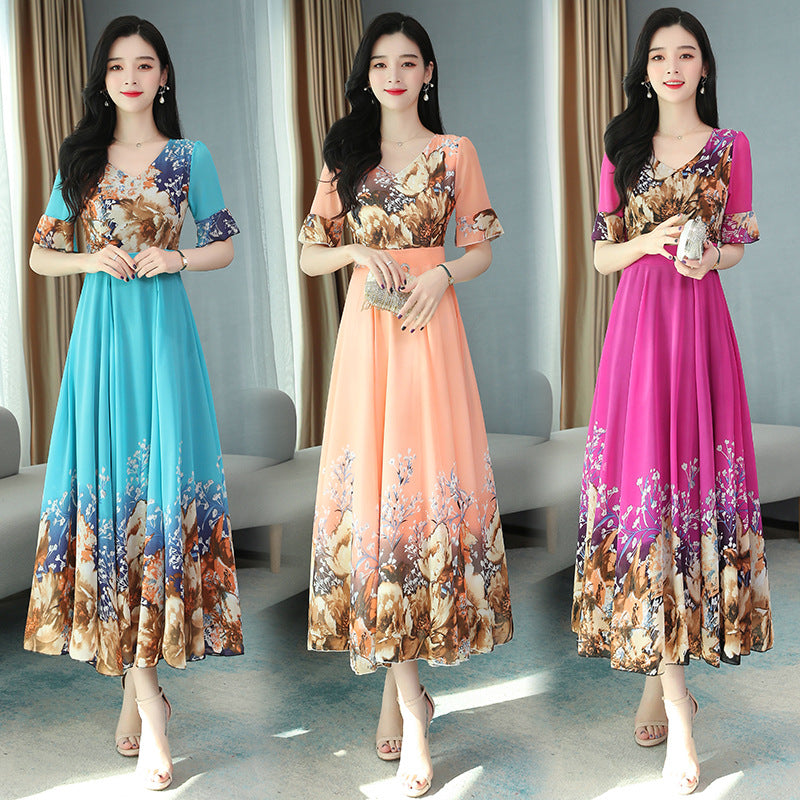 Short-sleeved Waist Mid-length Over-the-knee Beach Chiffon Dress