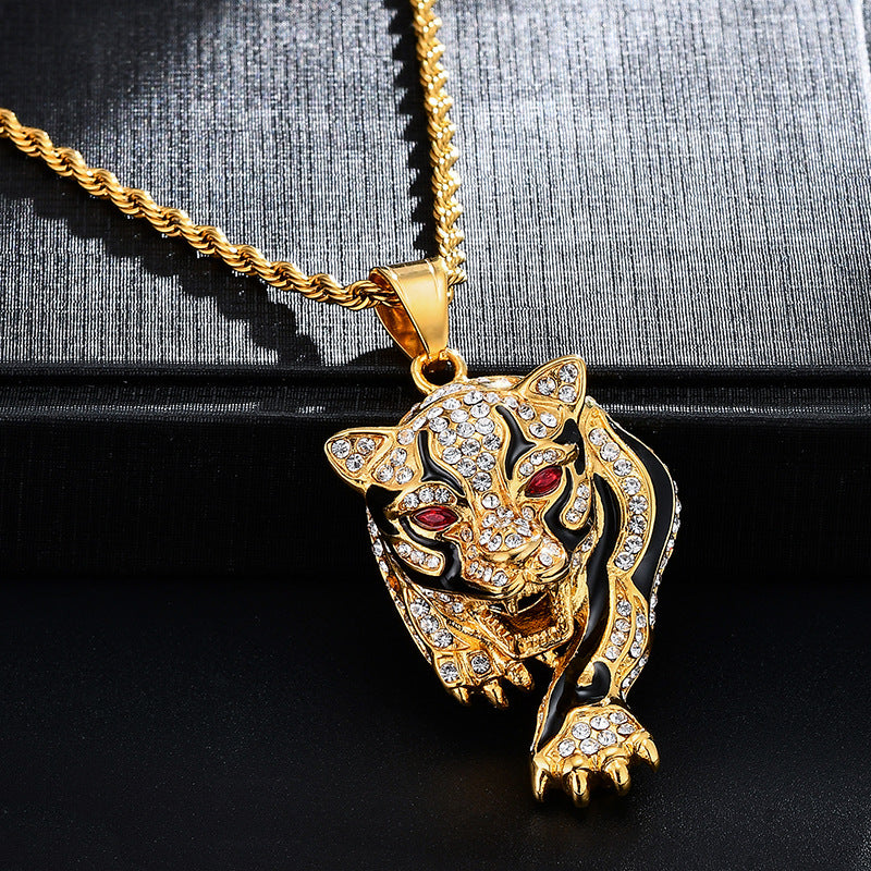 Gold-plated Oil Drop Rhinestone Leopard Head Pendant Necklace