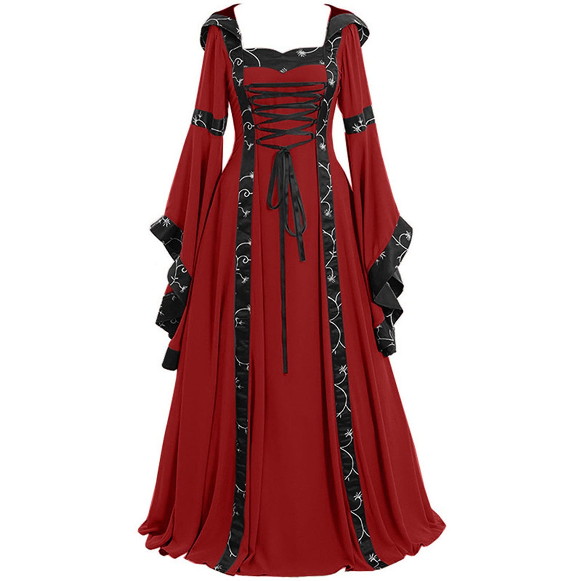 Medieval Retro Hooded Square Neck Tie Dress