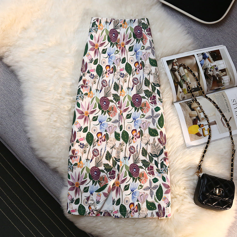 High Waist Mid Length One Step Floral Hip Skirt