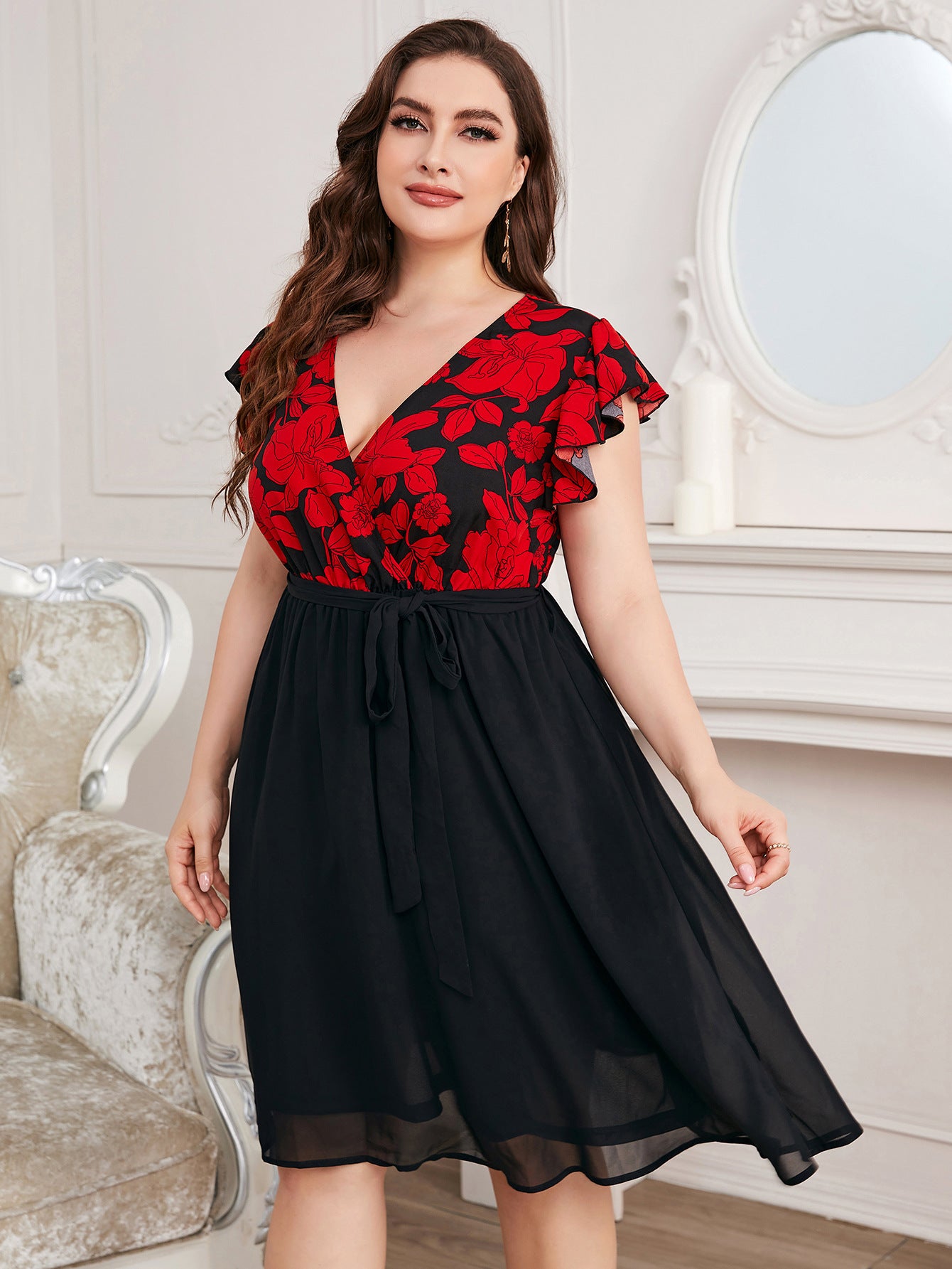 Ladies Plus Size Print Slim High Waist Dress