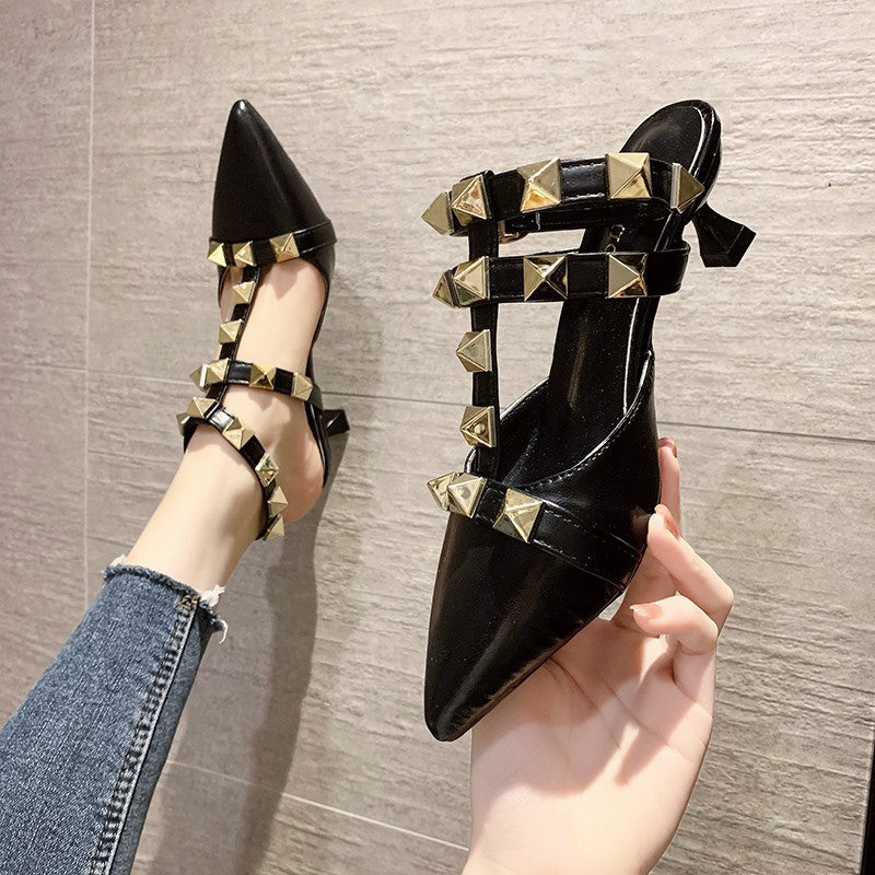 Fashion Lady's Rivet Pointed Toe Stiletto Sandals