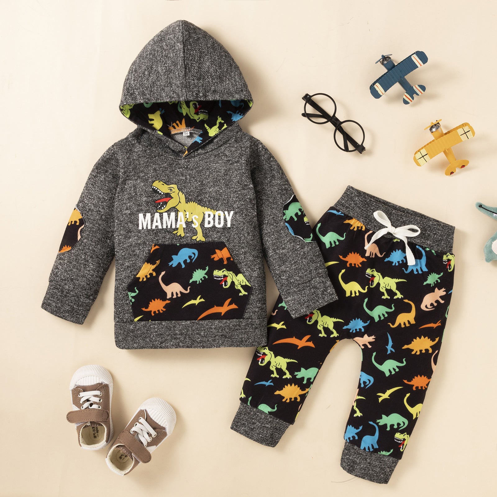 Autumn And Winter Dinosaur Print Long-sleeved Trousers And Hooded Sweater Set