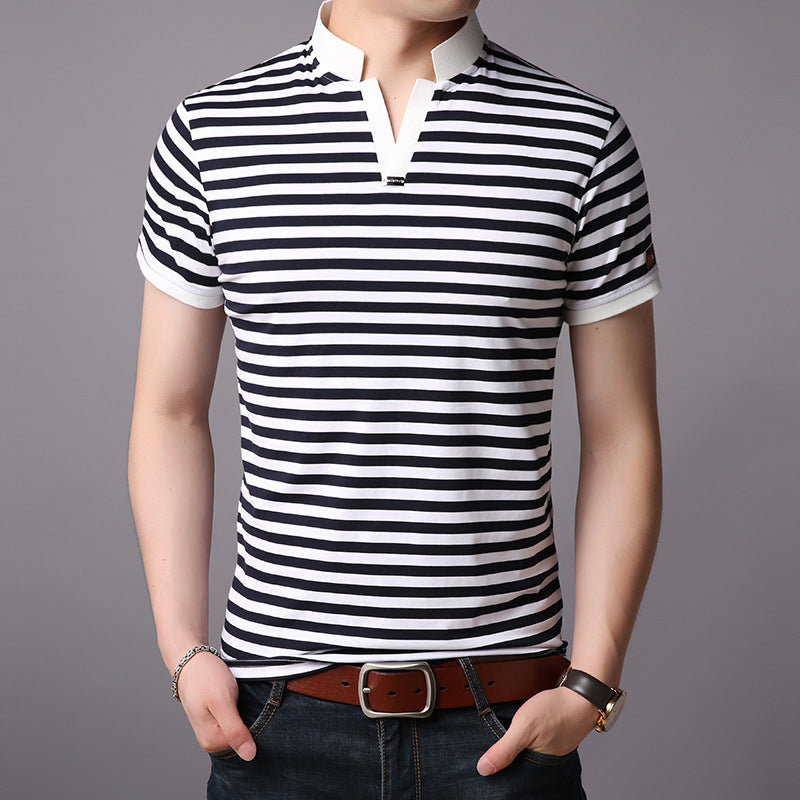 Men's stand up collar fashion stripe short sleeve T-shirt