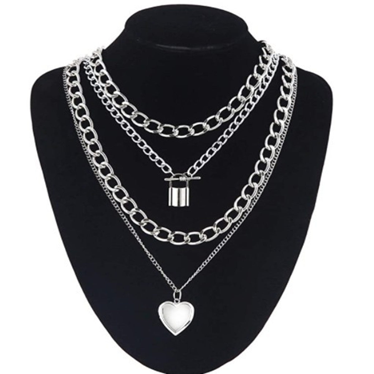 Punk Hip-hop Multi-layer Metal Chain Can  Peach Heart Lock Necklace Sweater Chain