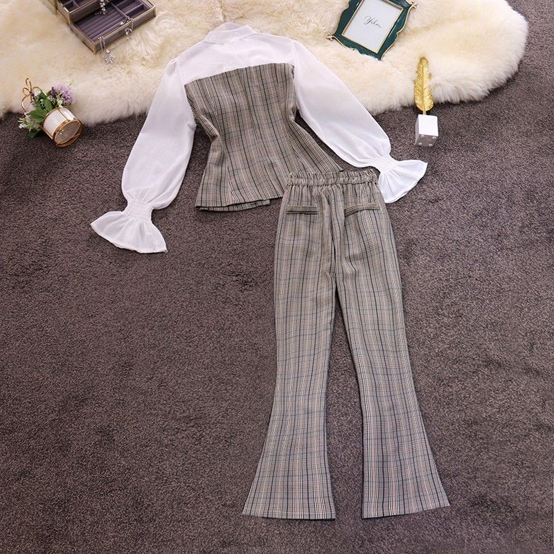 Splicing Plaid Top High Waist Casual Pants Two-piece Trendy