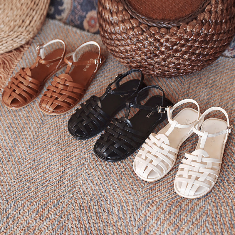 Women's Braided Buckle Cutout Flat Beach Shoes