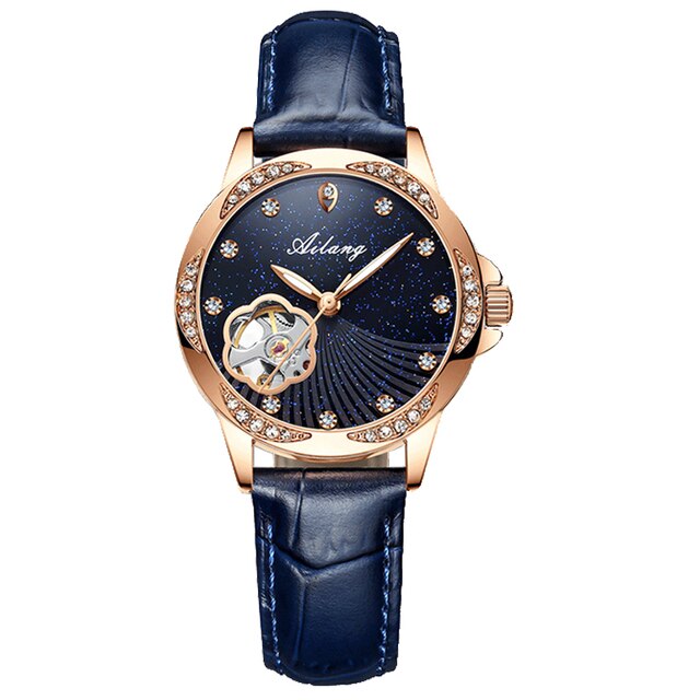 AILANG brand watch ladies Luxury automatic mechanical watch hollow diamond 2021 new star brand waterproof leather female watch