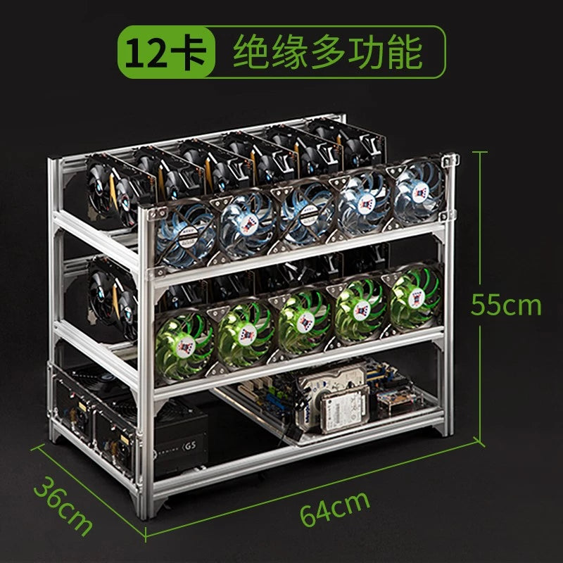 Angitu Mining Rig GPU 12 Open Air Rig Case Aluminum Stackable Rig Frame 2 Layer -Silver Black