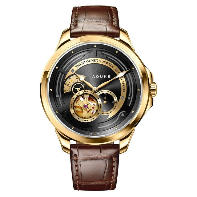 Aouke Men Automatic Watch Luxury Male Watches Mechanical Wristwatch Skeleton Sunray Dial Sapphire Mirror Unique 24 Hours Dial