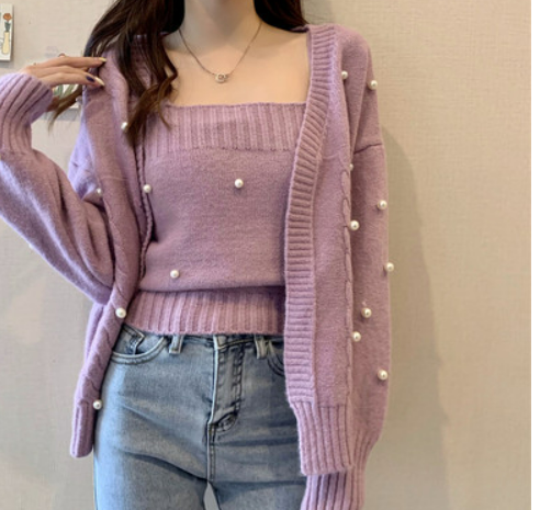 Net red temperament fashion suit female spring and autumn 2021 new small sweater cardigan sling Western style two-piece suit