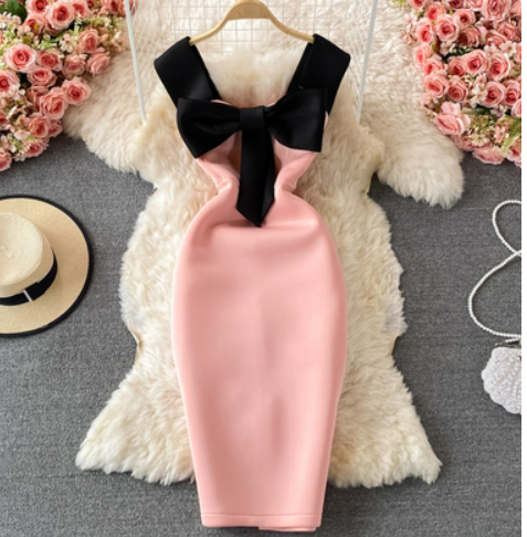 2021 Summer Light Luxury Ladies Dress Halter Sling Dress Big Bow Slim Party Temperament Small Dress Dress