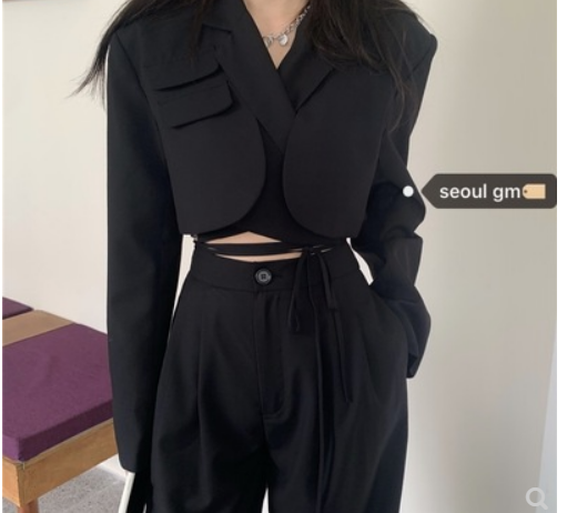 Autumn and winter Korean style ins design sense of navel long-sleeved small suit jacket + high waist drape straight leg casual mopping pants women