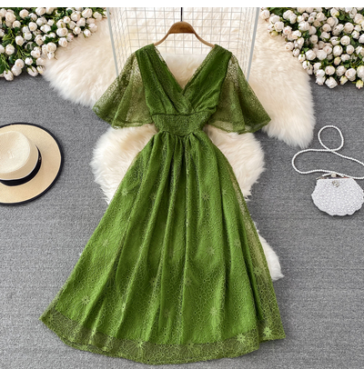 Summer new celebrity temperament trumpet sleeves slim waist V-neck lace dress seaside holiday big swing long skirt